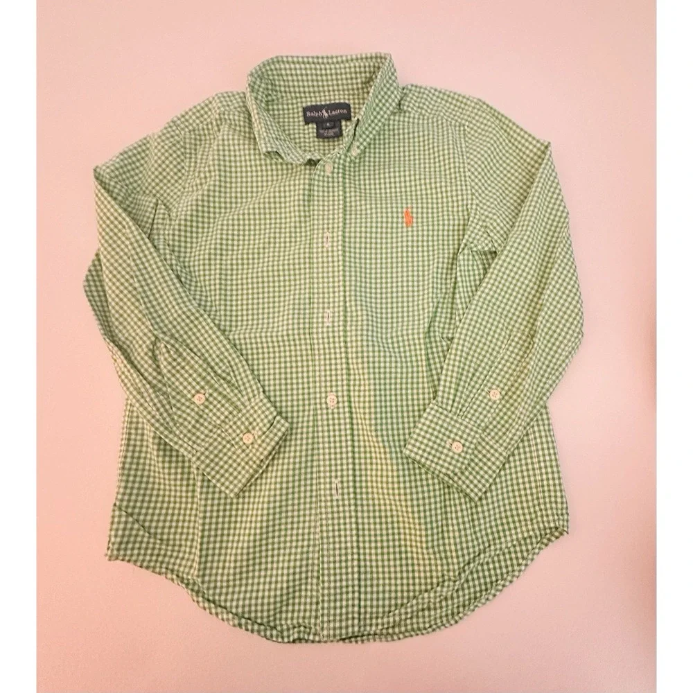 Ralph Lauren Boys Size 6 Green/White Gingham Long Sleeve Collared Button-Up